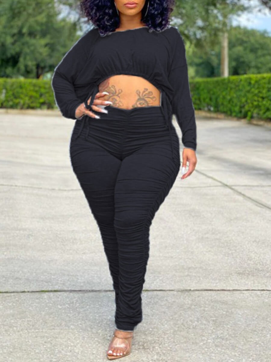 

Lovely Casual Batwing Sleeves Black Plus Size Two-piece Pants Set