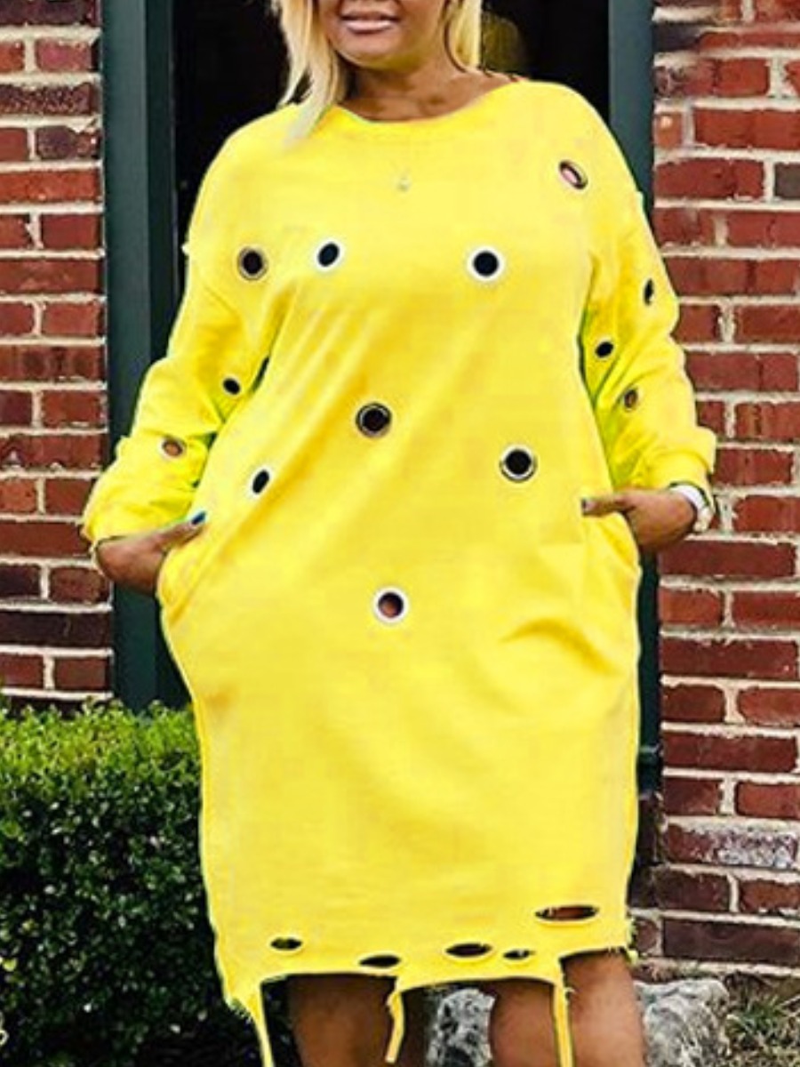 

Lovely Casual O Neck Hollow-out Yellow Knee Length Plus Size Dress