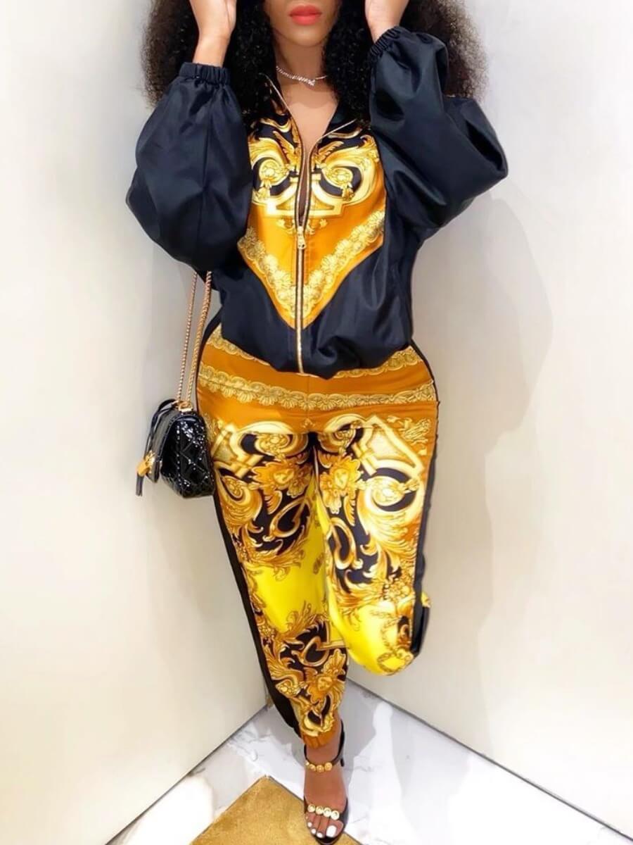 

Lovely Trendy Turndown Collar Print Loose Yellow Two Piece Pants Set