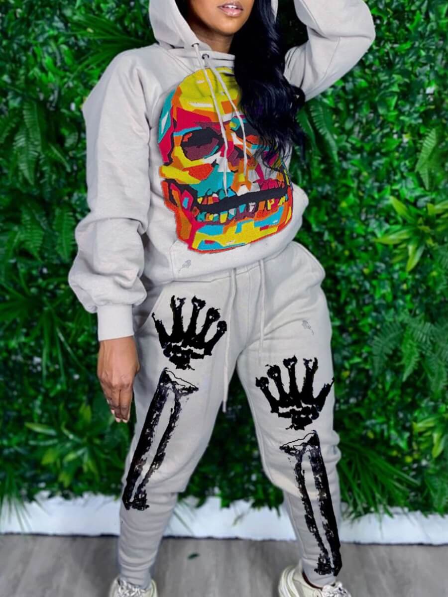 

Lovely Street Hooded Collar Print Grey Two Piece Pants Set