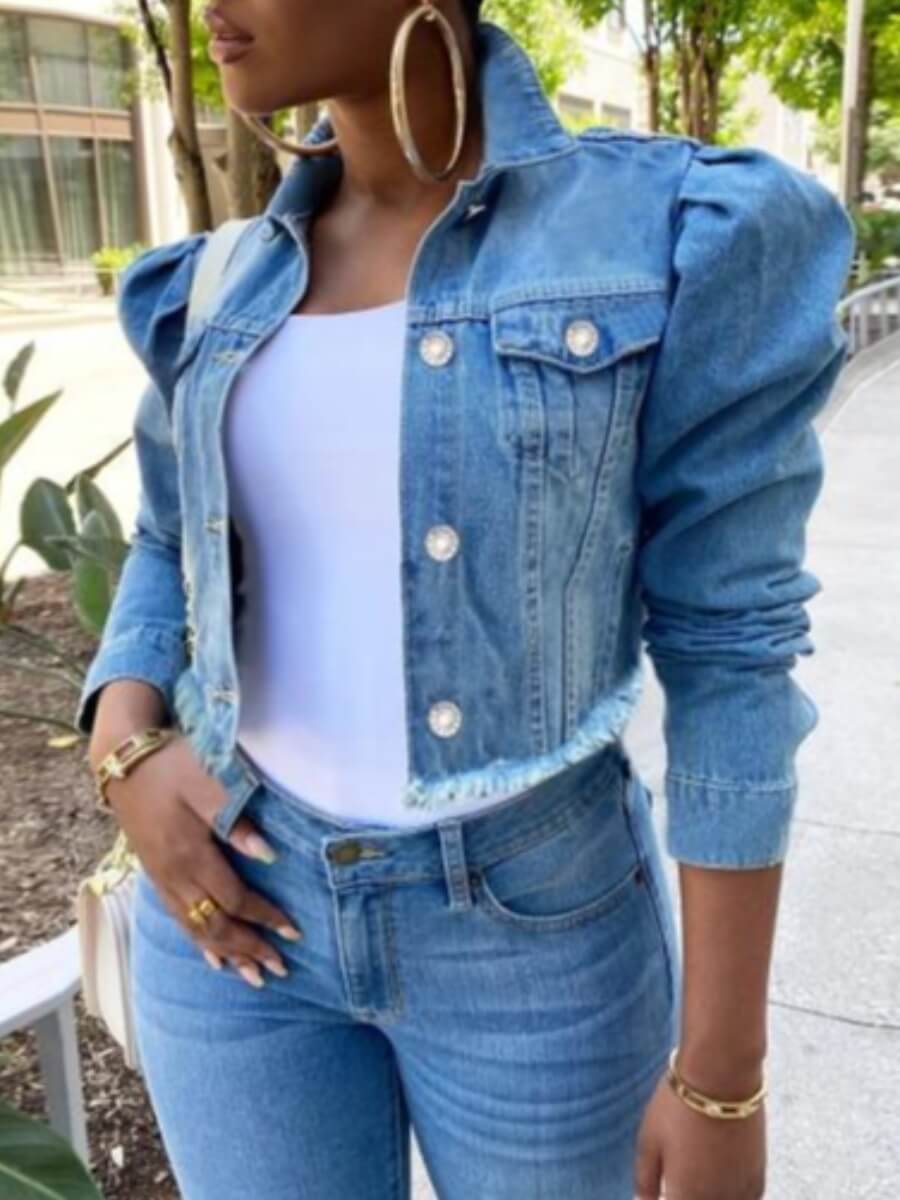 

Lovely Street Turndown Collar Buttons Design Baby Blue Denim Jacket