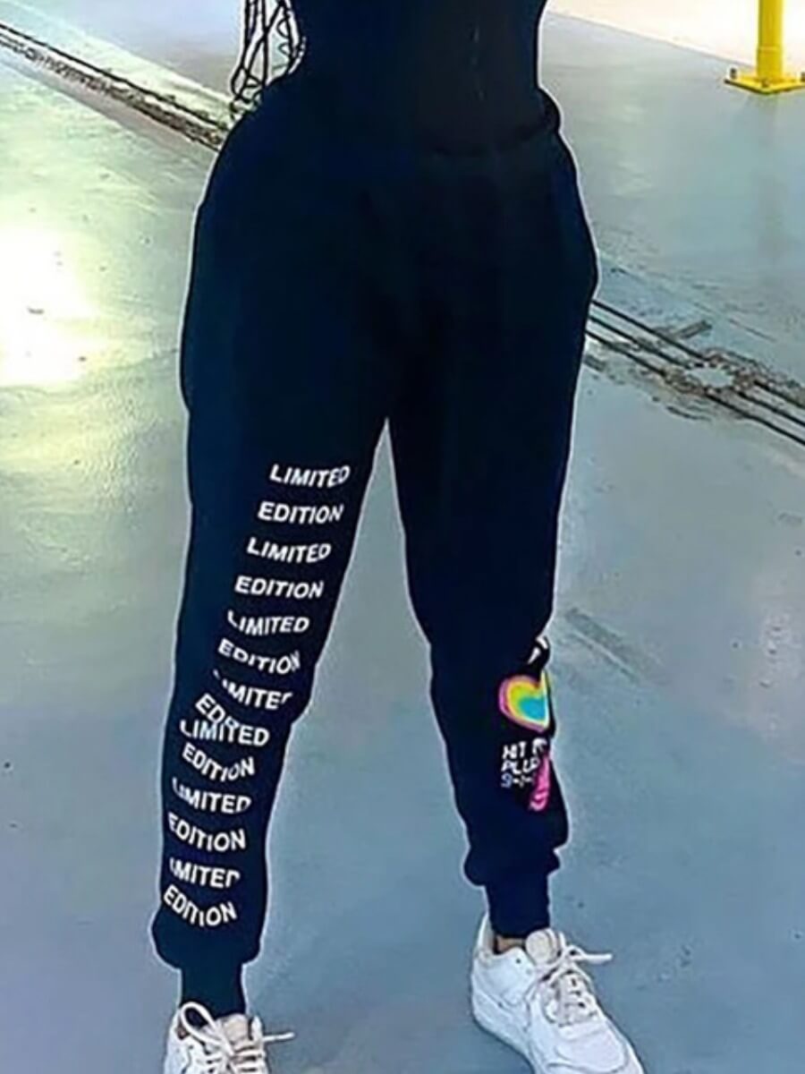 

Lovely Street Letter Print Black Pants