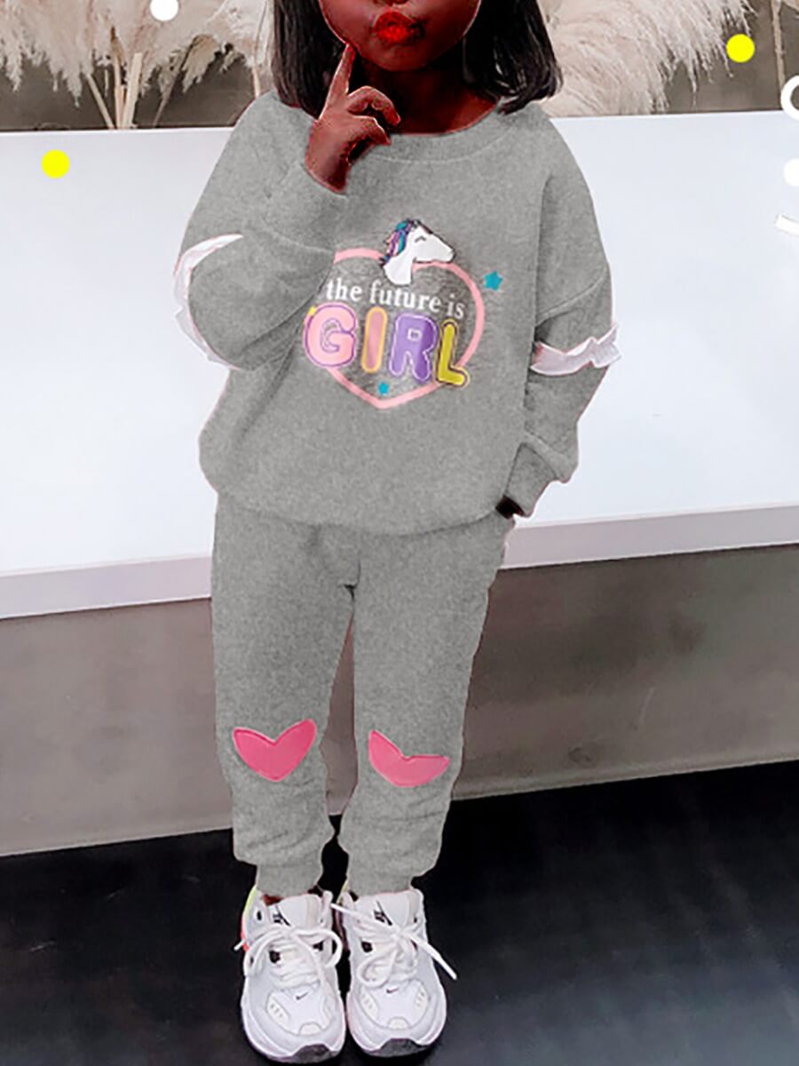 

Lovely Sportswear O Neck Letter Print Grey Girl Two-piece Pants Set
