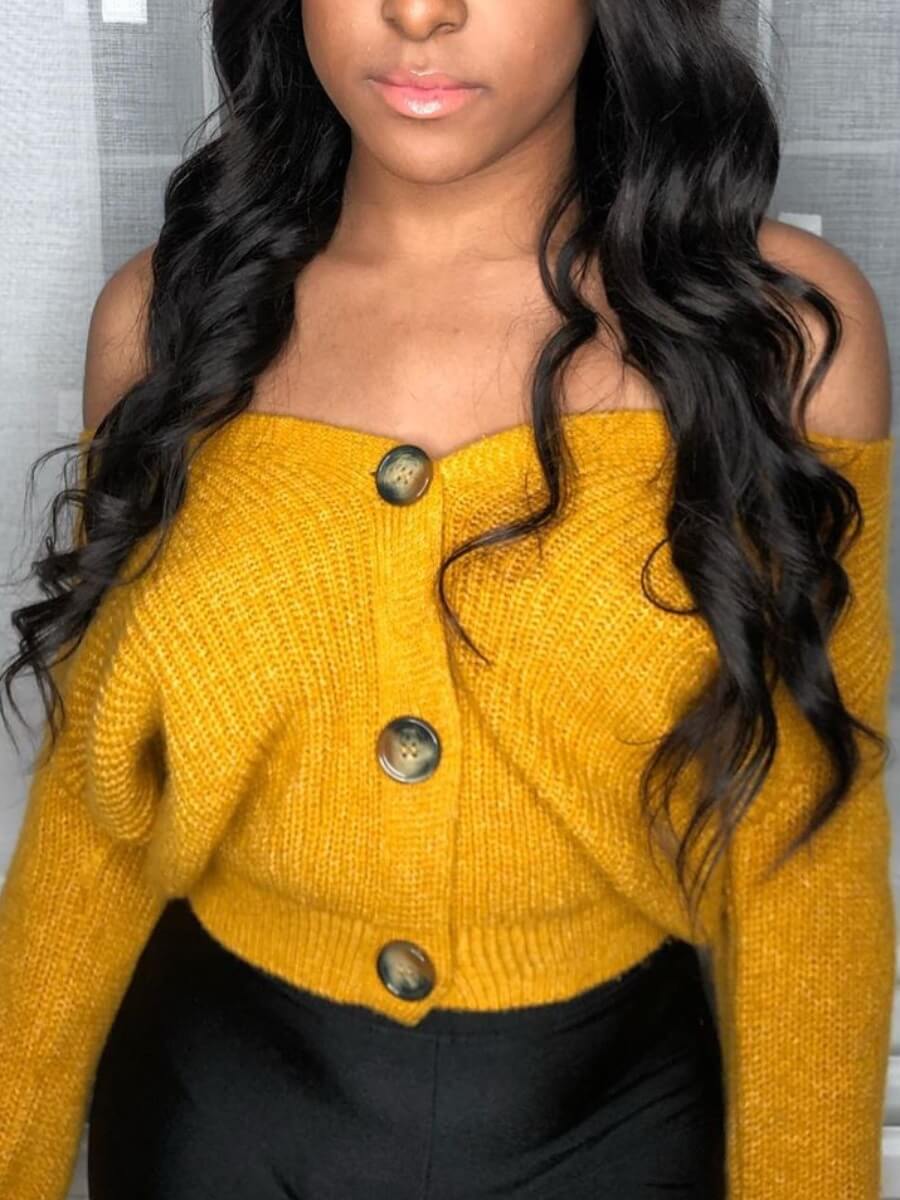 

Lovely Trendy V Neck Buttons Design Lemon Yellow Cardigan