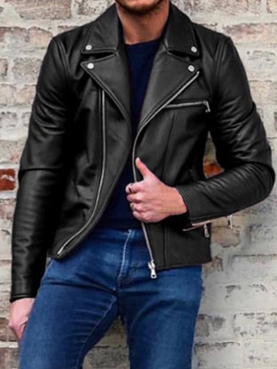 

Lovely Street Turndown Collar Zipper Design Black Men Leather