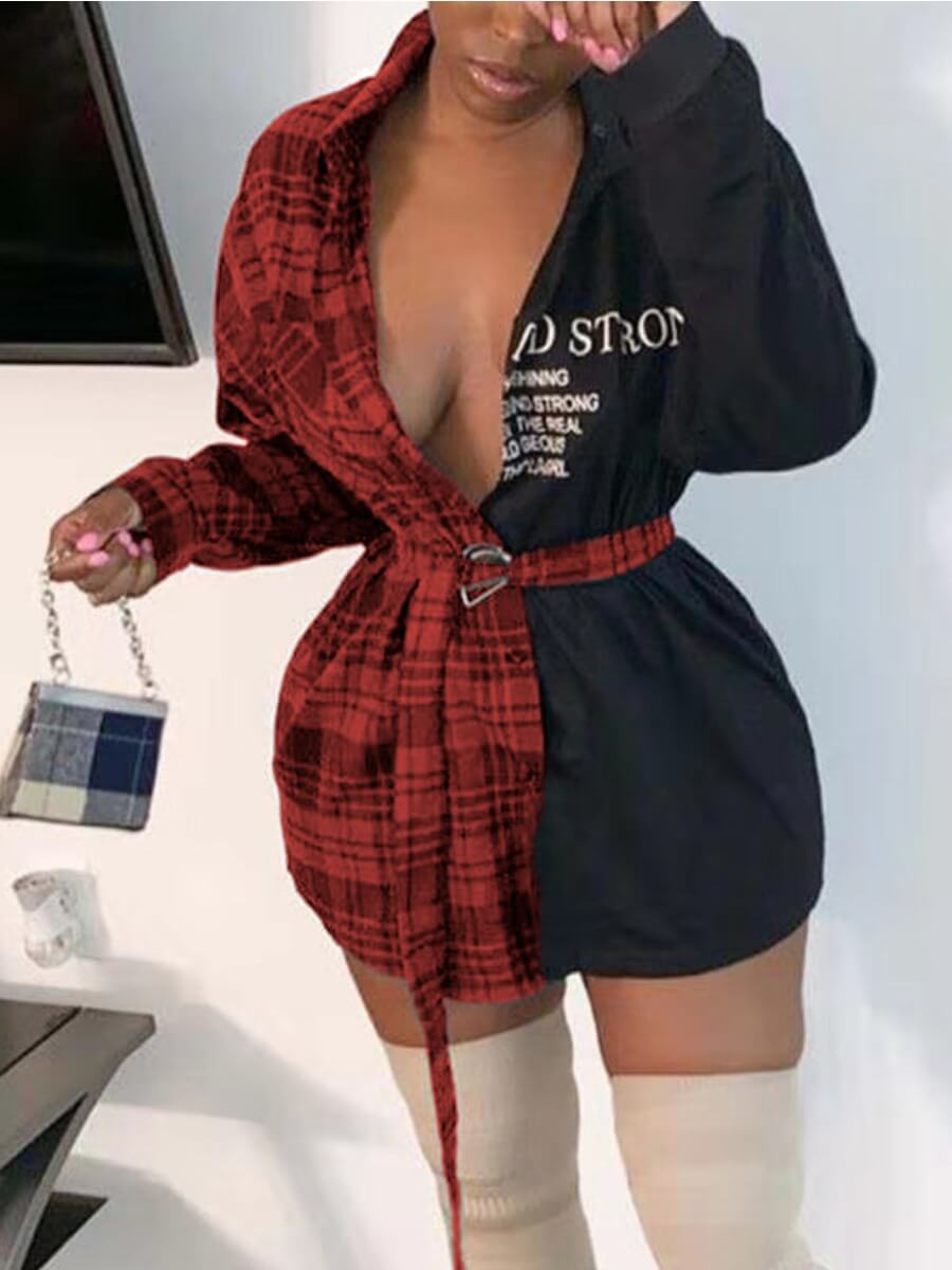 

Lovely Street V Neck Grid Print Patchwork Red Mini Dress