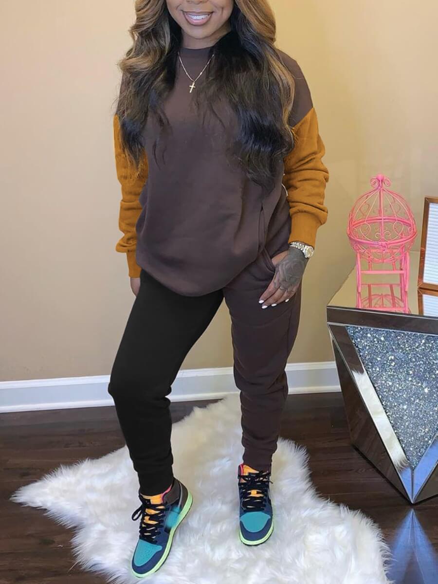 

LW Casual O Neck Patchwork Coffee Two Piece Pants Set