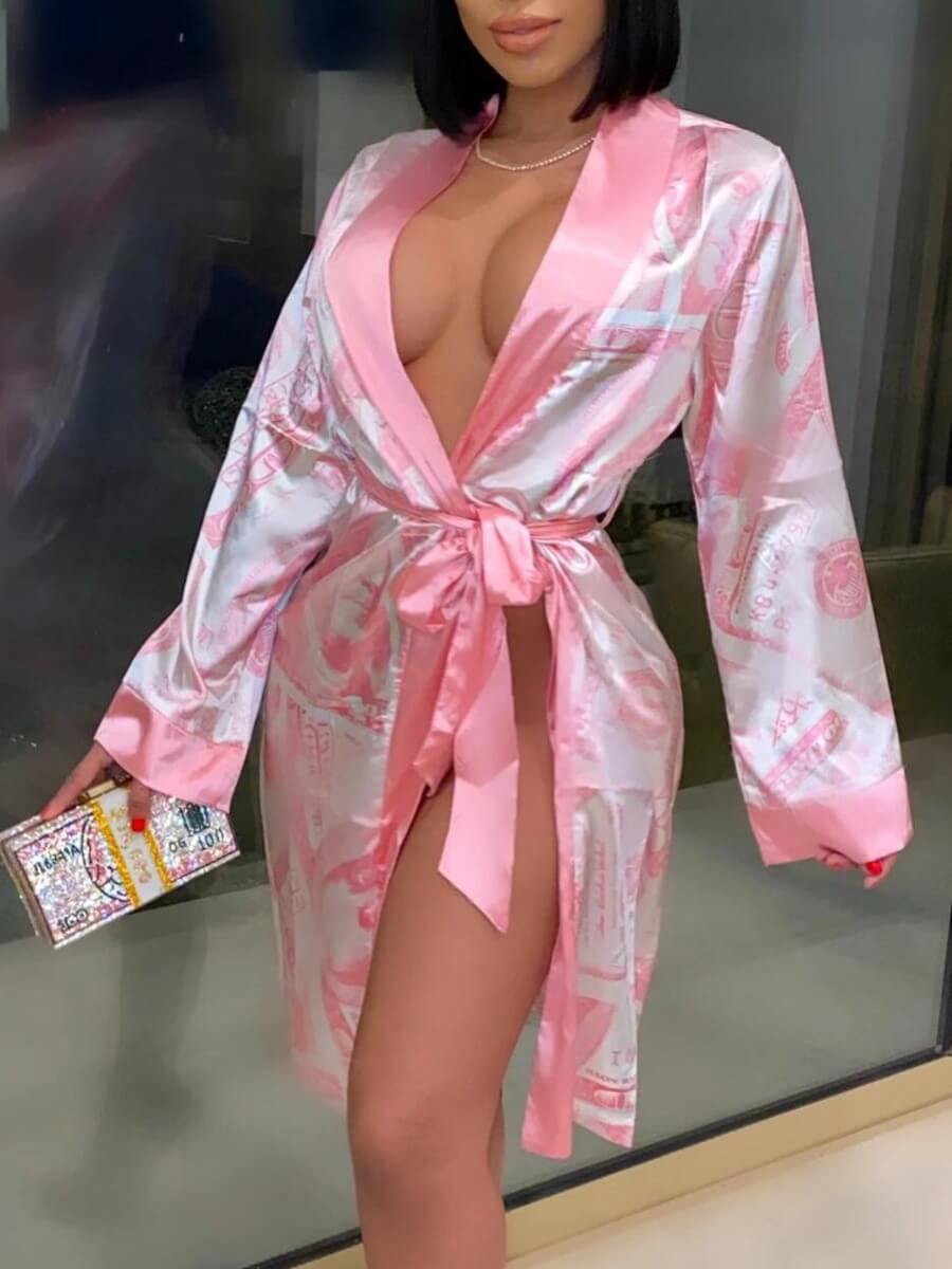 

Lovely Casual Print Lace-up Pink Coat