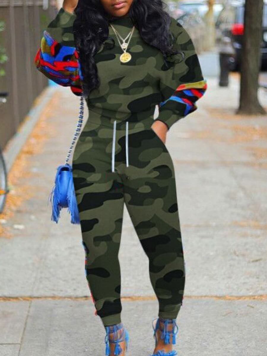 

Lovely Street O Neck Camo Print Green Two Piece Pants Set