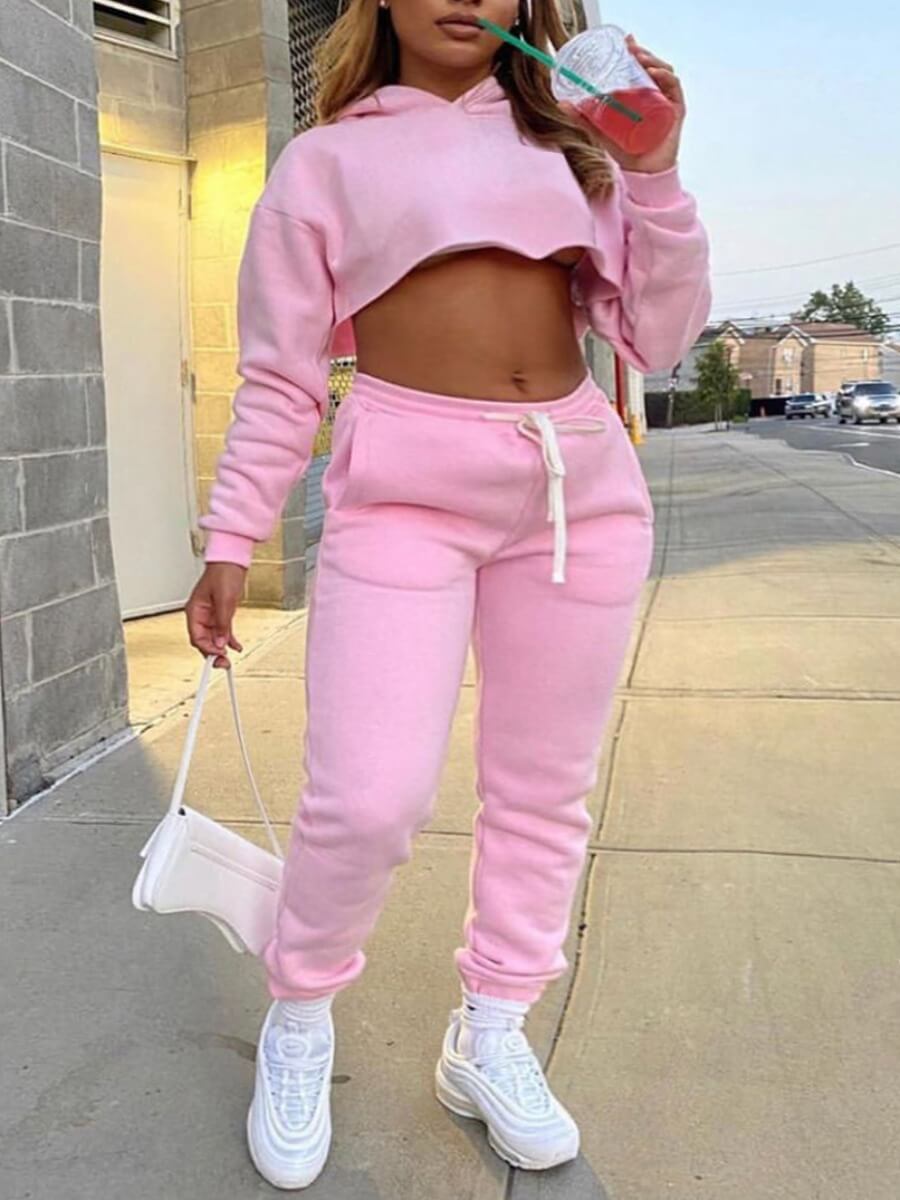 Lovelywholesale coupon: LW Casual Hooded Collar Crop Top Pink Two Piece Pants Set