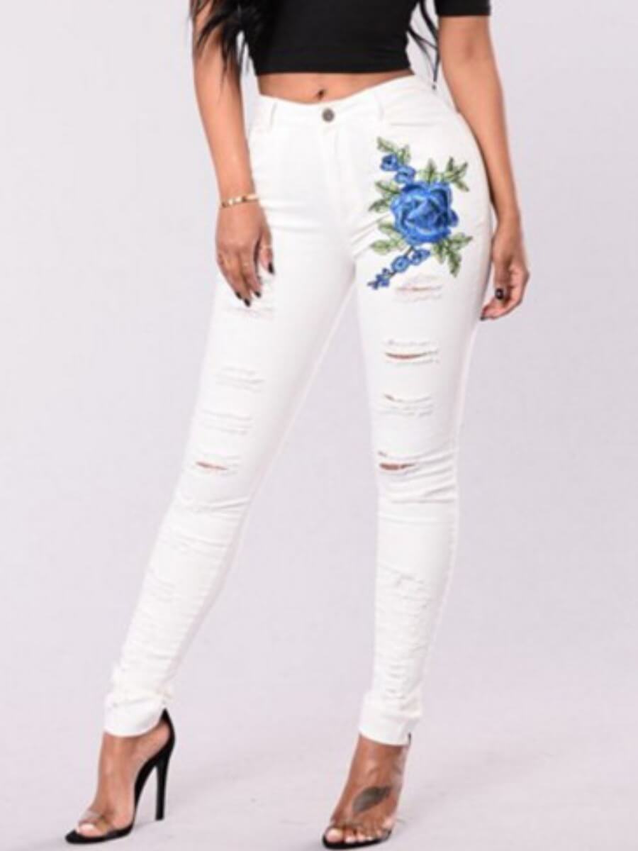 

Lovely Stylish Print Hollow-out Skinny White Jeans