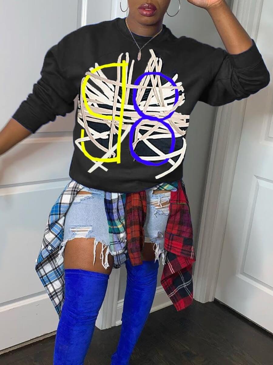 

Lovely Leisure O Neck Print Black Hoodie