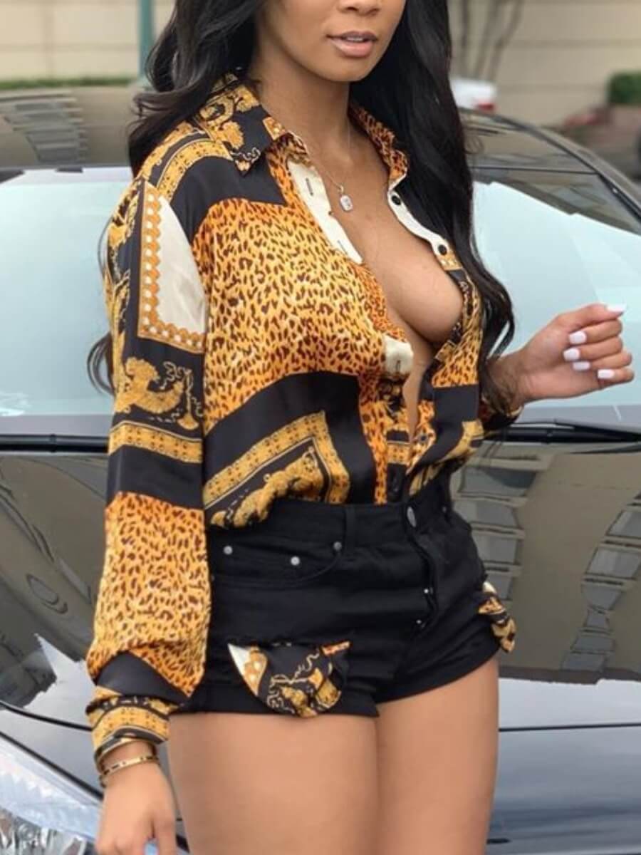 

Lovely Street Turndown Collar Leopard Print Deep Yellow Blouse