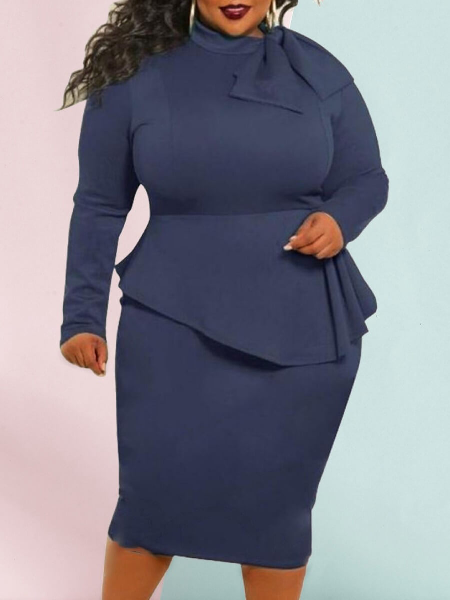 

Lovely Trendy False Two Piece Design Blue Knee Length Plus Size Dress