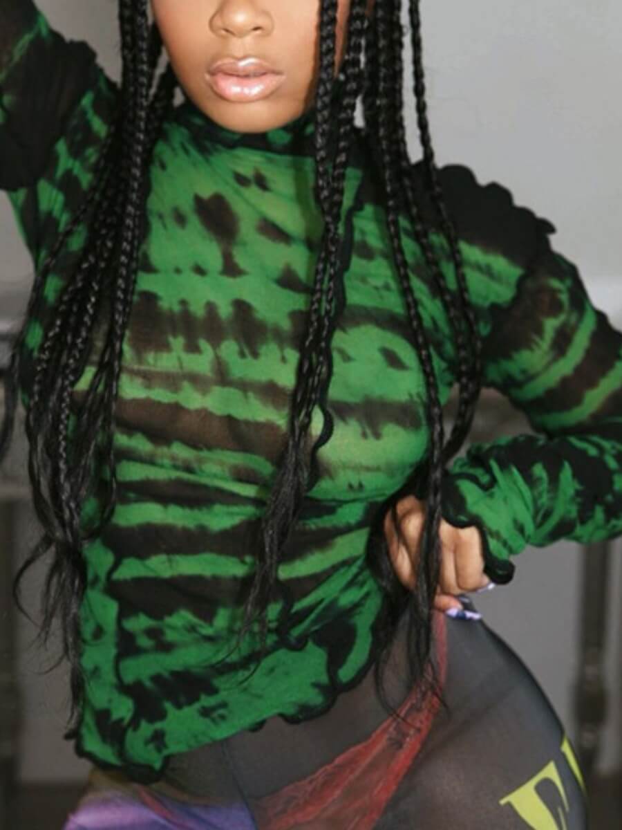 

Lovely Sexy Turtleneck Tie-dye Skinny Green T-shirt