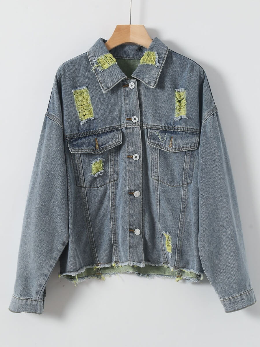 

Lovely Street Turndown Collar Broken Holes Grey Plus Size Denim Jacket
