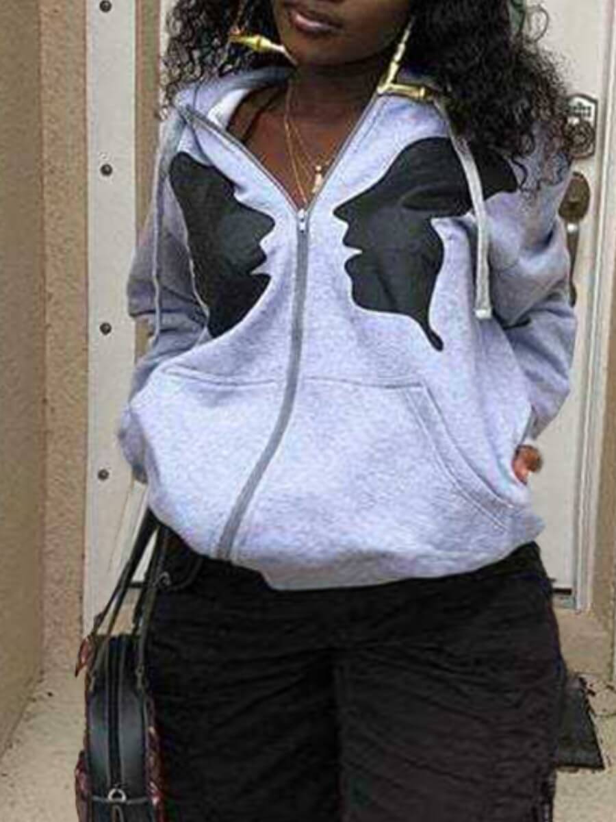 

Lovely Leisure Hooded Collar Print Zipper Design Grey Plus Size Coat
