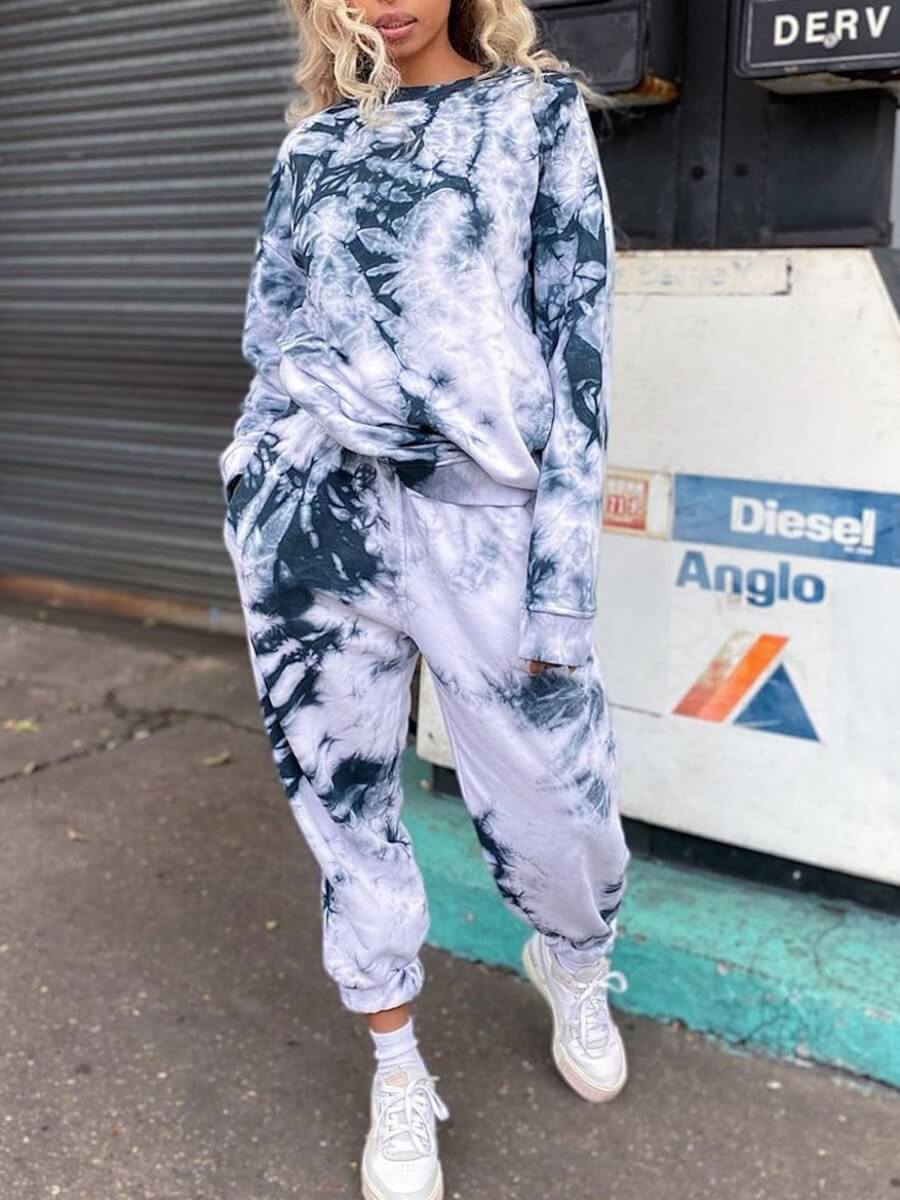 

Lovely Leisure O Neck Tie Dye Loose Blue Two Piece Pants Set