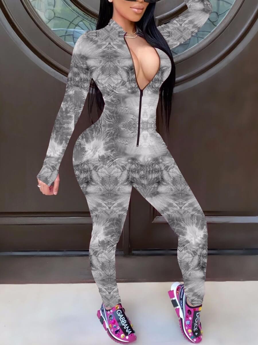 

Lovely Stylish Tie-dye Zipper Design Grey One-piece Jumpsuit