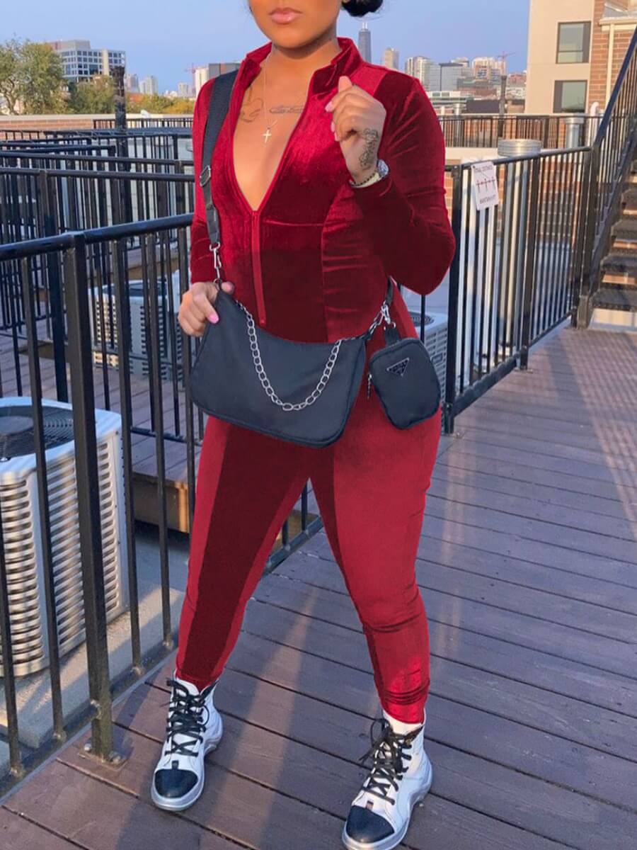 

Lovely Sportswear Mandarin Collar Zipper Design Skinny Wine Red One-piece Jumpsuit