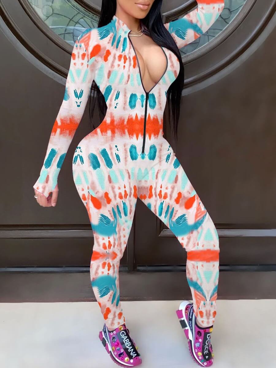 

Lovely Stylish Tie-dye Zipper Design Multicolor One-piece Jumpsuit, Multi