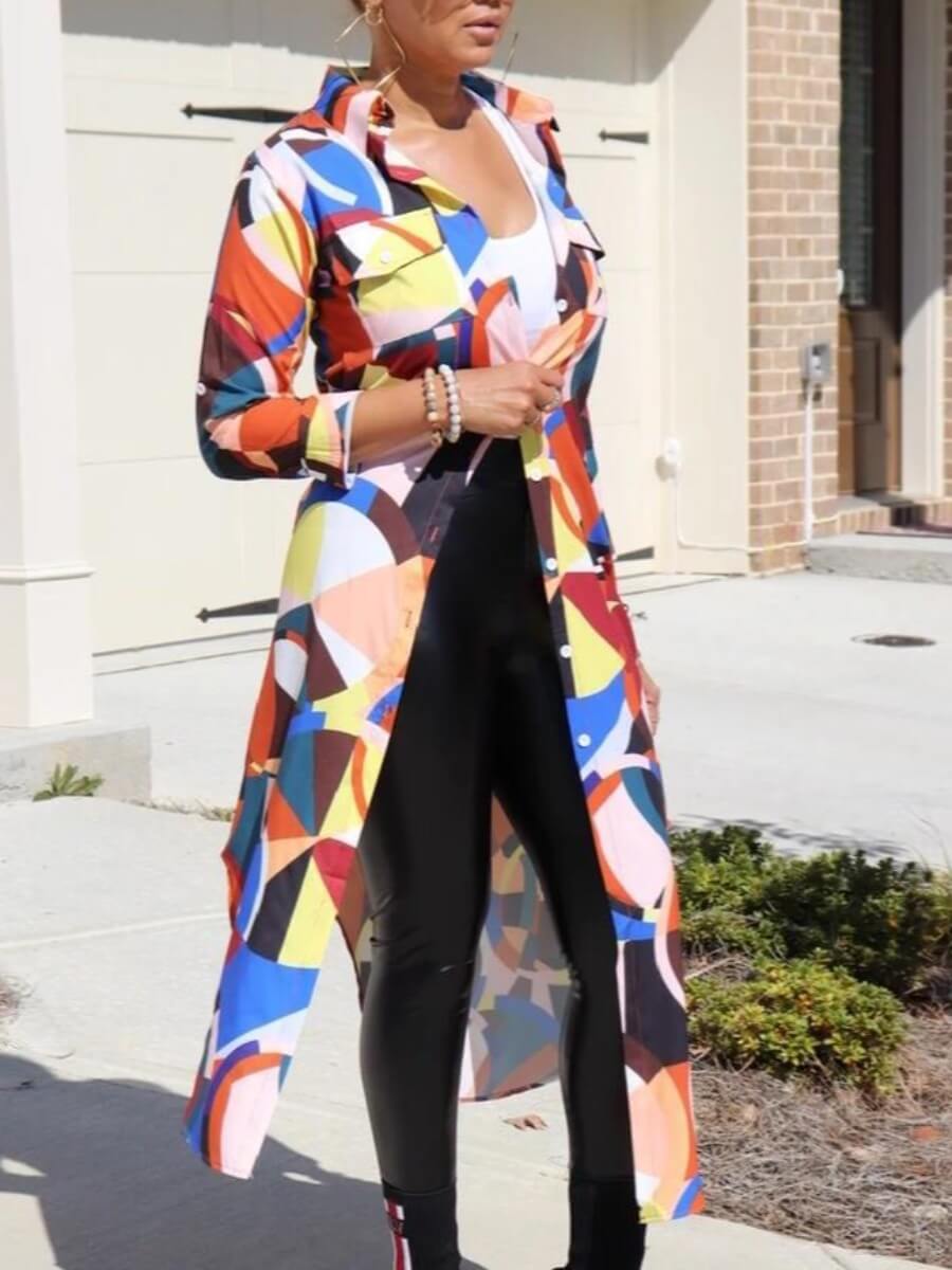 

Lovely Stylish Turndown Collar Print Multicolor Long Trench Coat, Multi