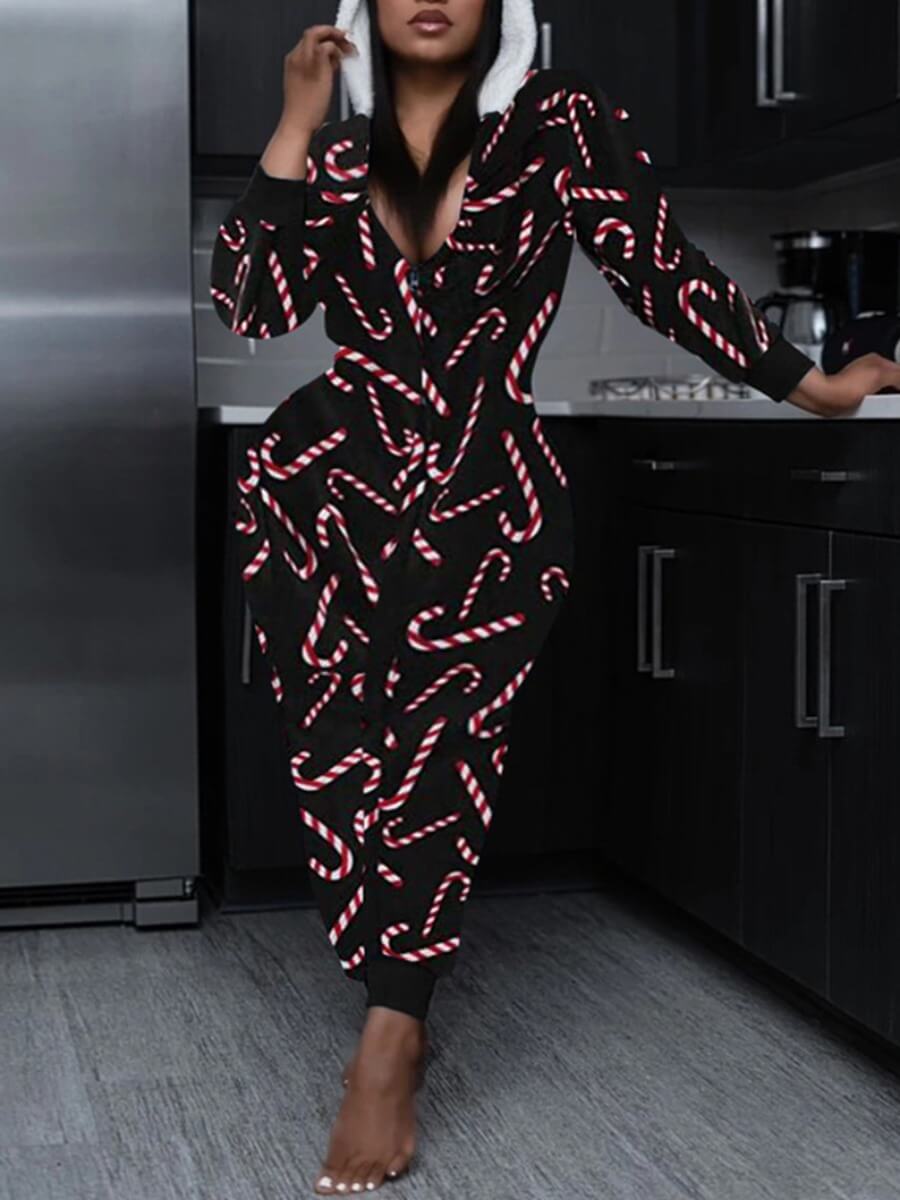 

Lovely Casual V Neck Print Skinny Black Plus Size One-piece Jumpsuit
