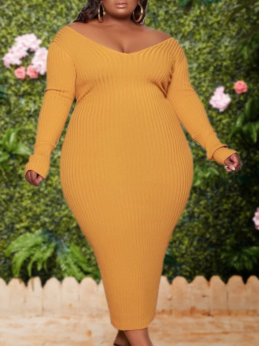 

Lovely Casual V Neck Basic Yellow Ankle Length Plus Size Dress