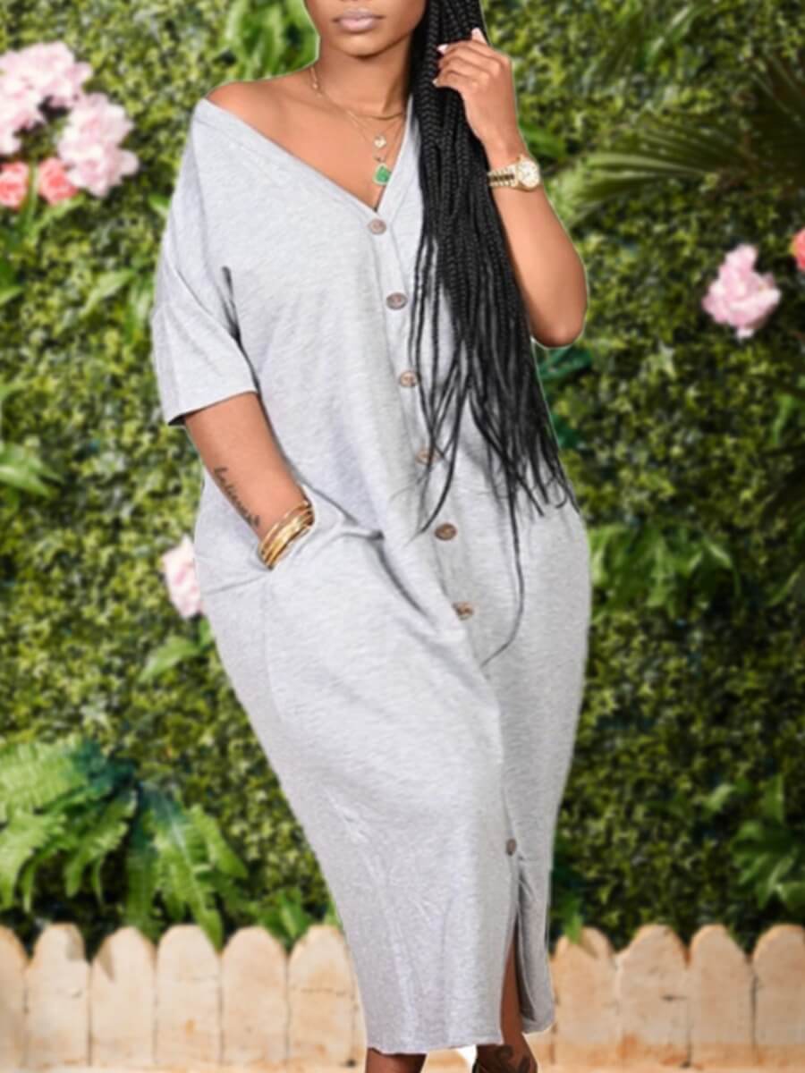 

Lovely Casual V Neck Buttons Design Grey Ankle Length Plus Size Dress