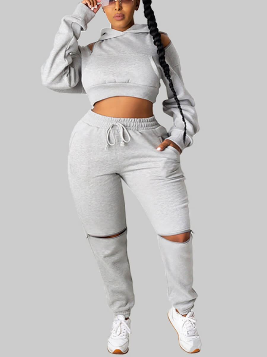 

Lovely Casual Hooded Collar Hollow-out Grey Plus Size Two-piece Pants Set
