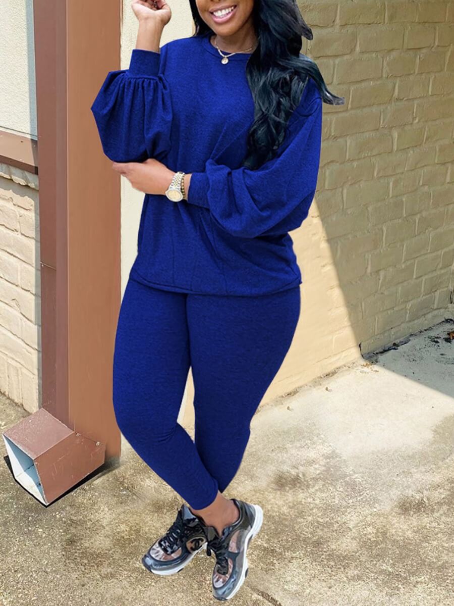 

Lovely Casual O Neck Basic Blue Plus Size Two-piece Pants Set