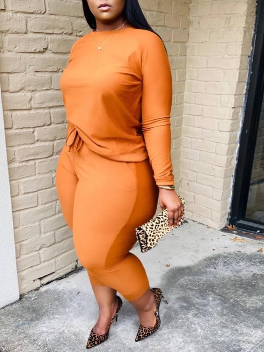 

Lovely Casual O Neck Basic Croci Plus Size Two-piece Pants Set