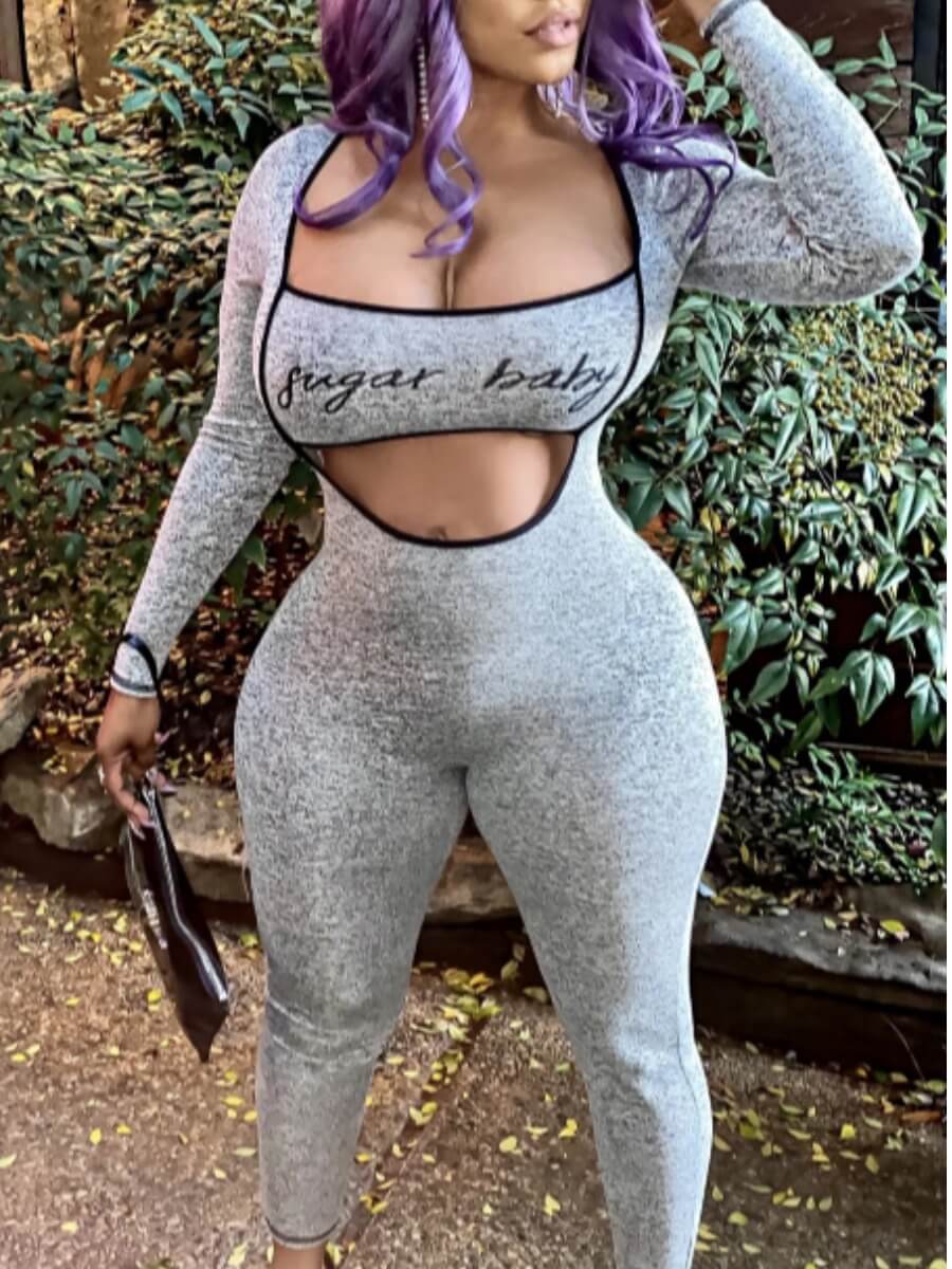 

Lovely Sportswear Square Collar Letter Print Grey Loungewear