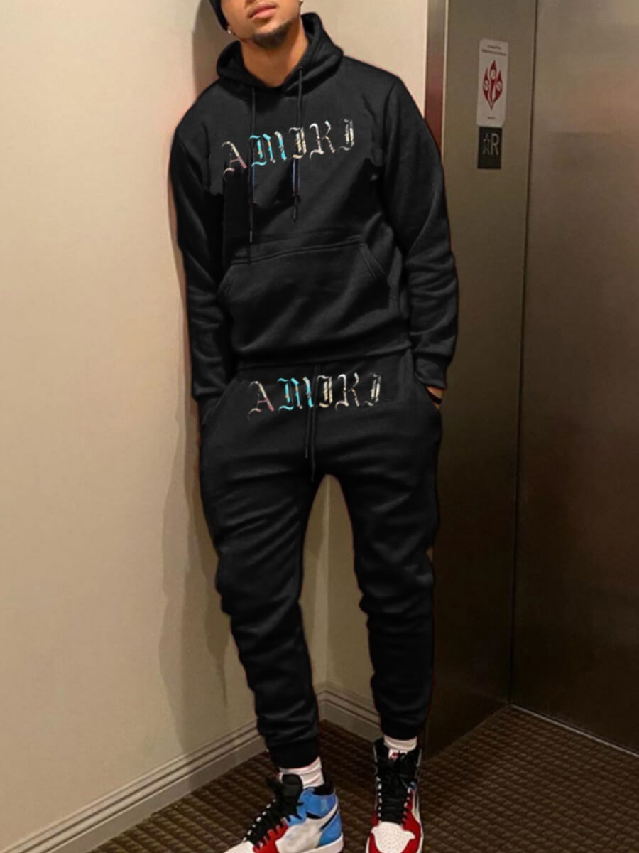

Lovely Leisure Hooded Collar Letter Print Black Men Two-piece Pants Set