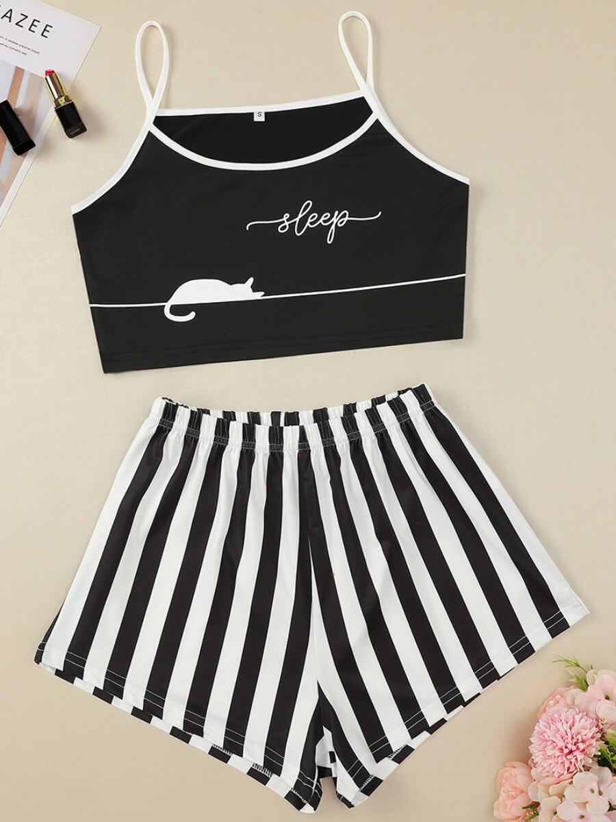 

Lovely Casual Spaghetti Strap Letter Print Black Sleepwear