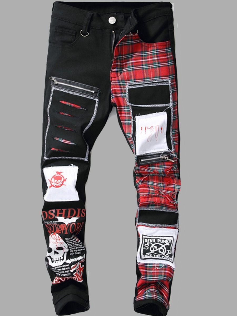 

lovely Street Print Patchwork Black Men Jeans