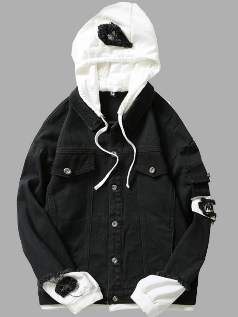 

Lovely Casual Patchwork Buttons Design Black Men Denim Jacket