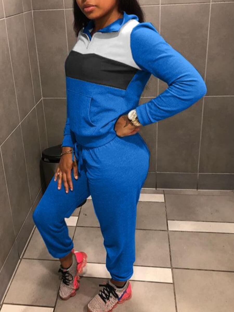 

Lovely Sporty Turndown Collar Patchwork Blue Two Piece Pants Set