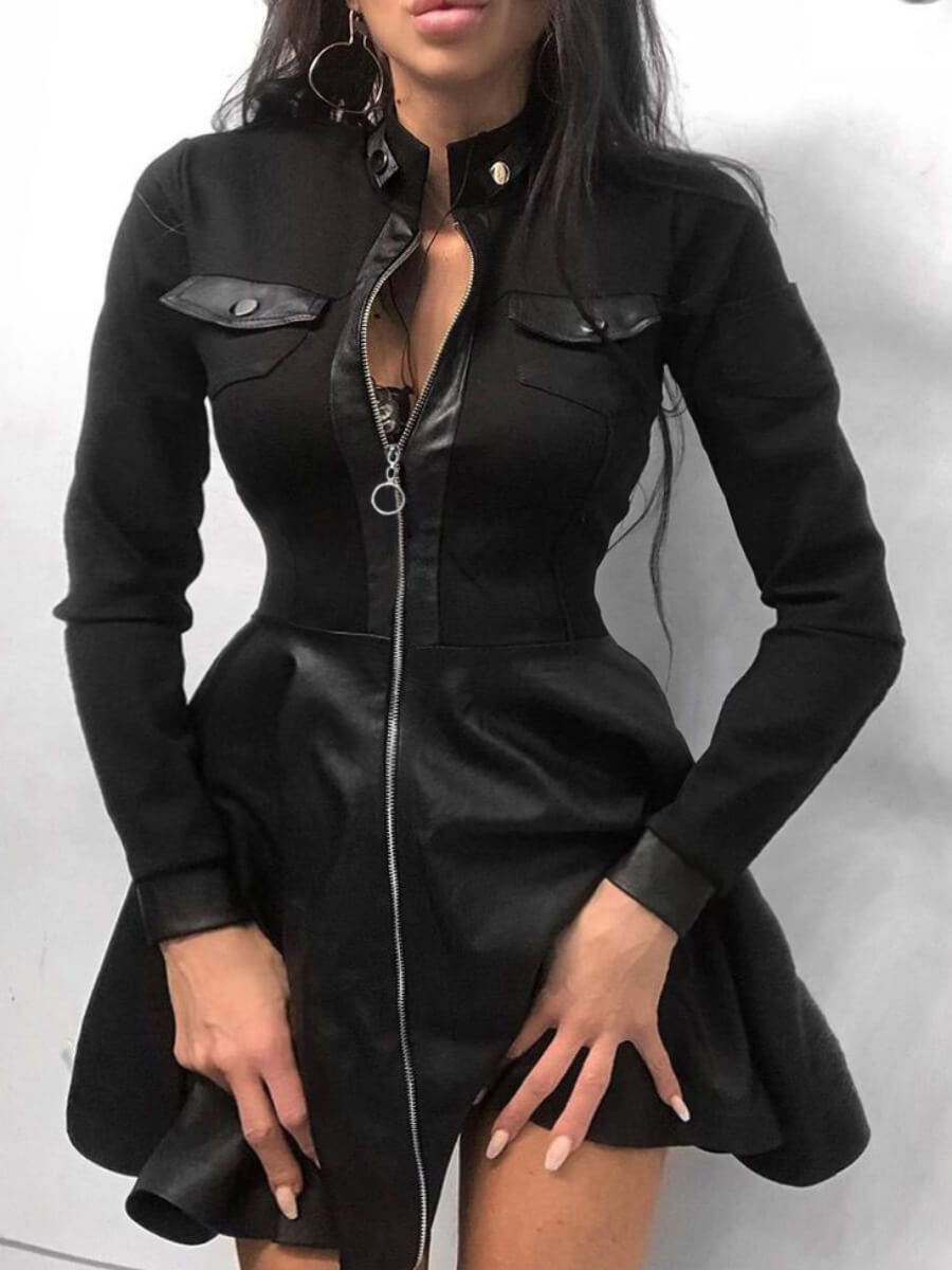 

Lovely Trendy Zipper Design Black Knee Length Dress