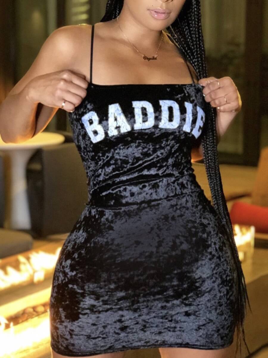 

Lovely Sexy Spaghetti Strap Letter Print Black Mini Dress