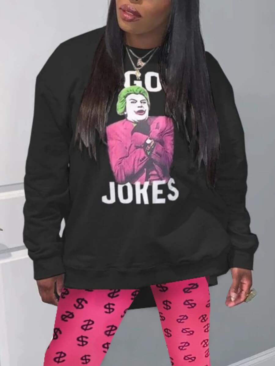 LW Casual O Neck Print Black Hoodie