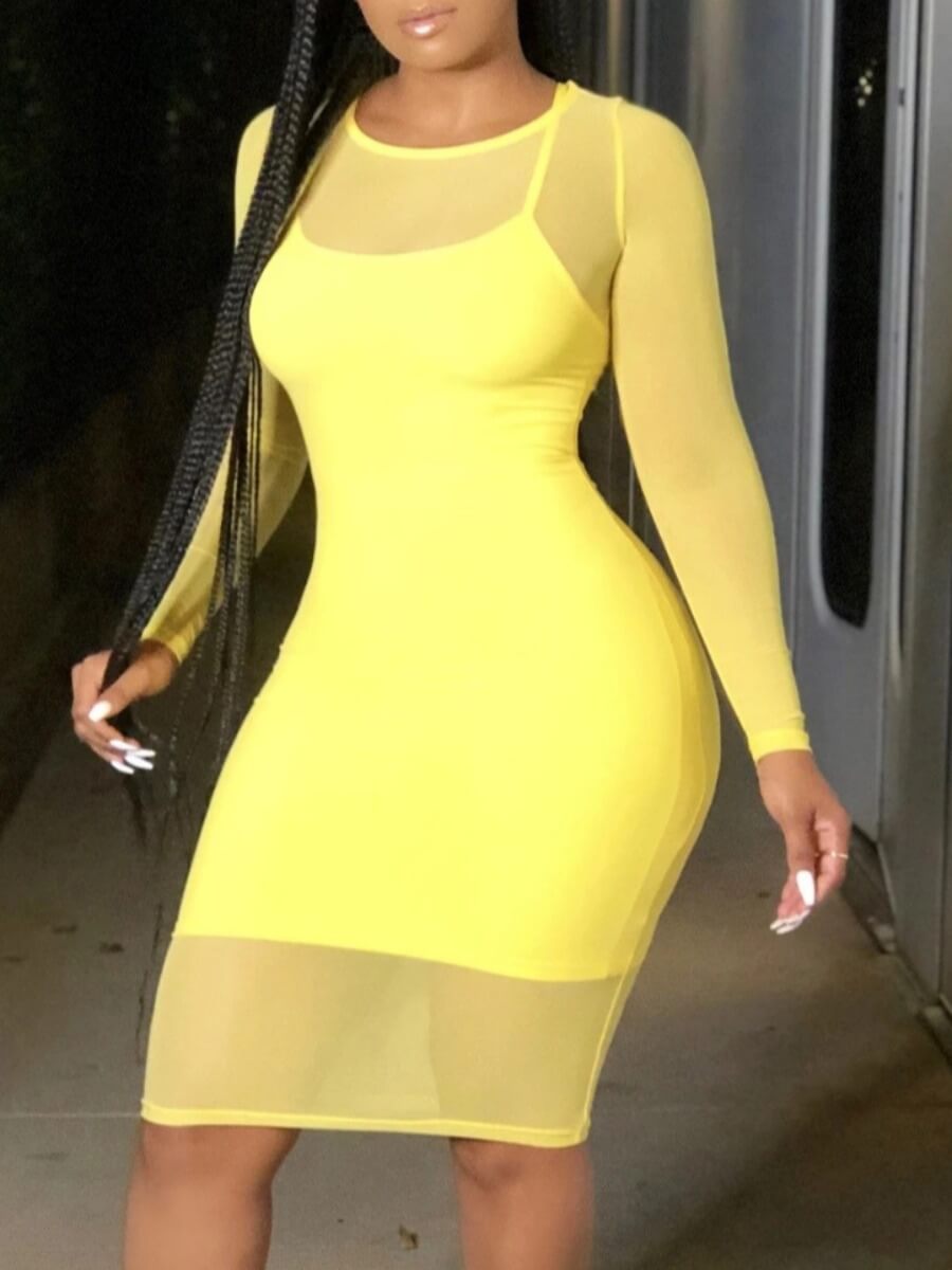 

Lovely Sexy O Neck See-through Yellow Knee Length Dress
