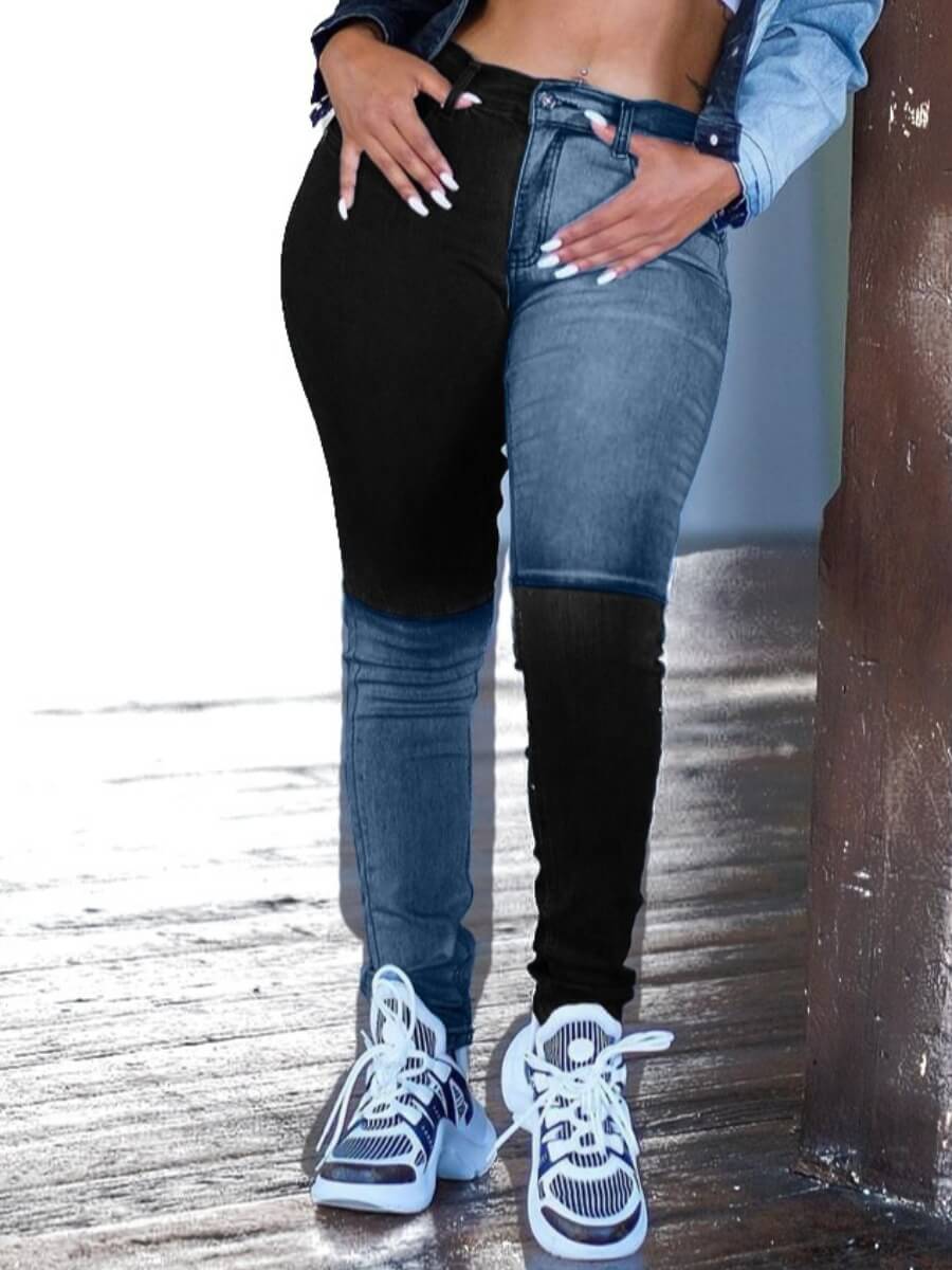 

Lovely Casual Color-lump Patchwork Black Jeans