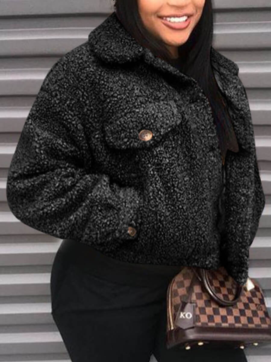 

Lovely Casual Turndown Collar Pocket Patched Black Faux Fur
