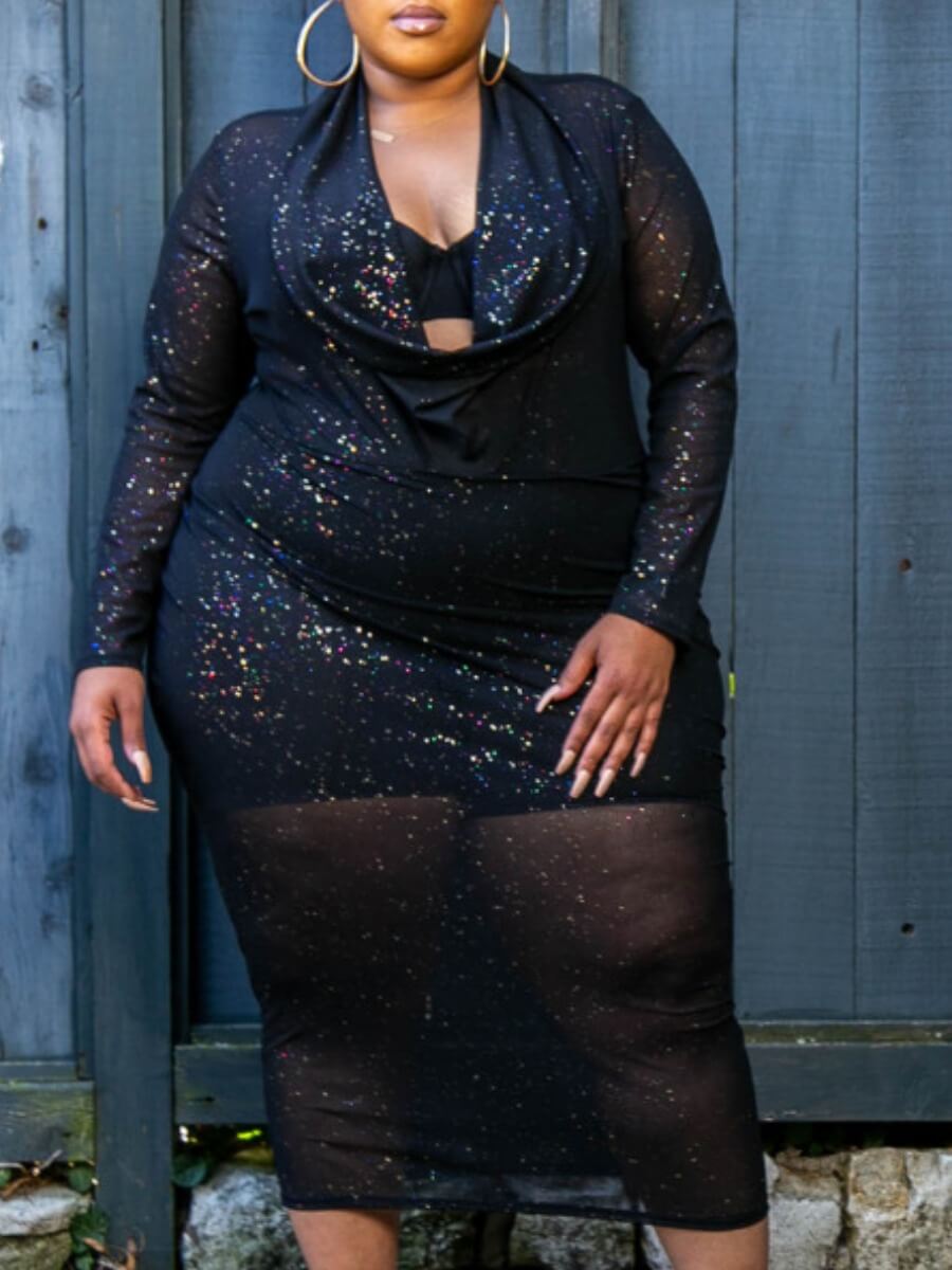 

Lovely Sexy Gauze See-through Black Mid Calf Plus Size Dress