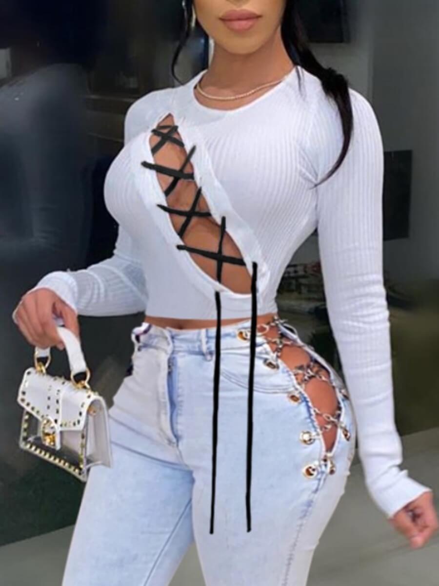 

Lovely Sexy O Neck Bandage Design White T-shirt