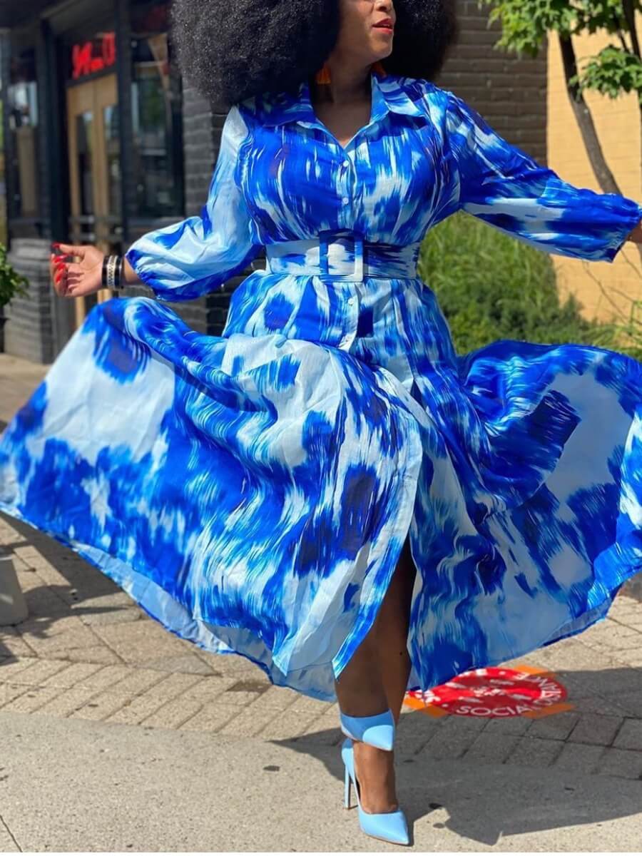 

Lovely Trendy Turndown Collar Tie-dye Blue Maxi Plus Size Dress