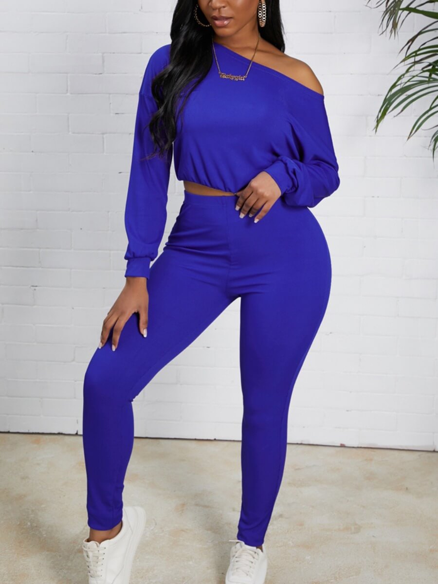 

Lovely Leisure O Neck Basic Skinny Deep Blue Two Piece Pants Set