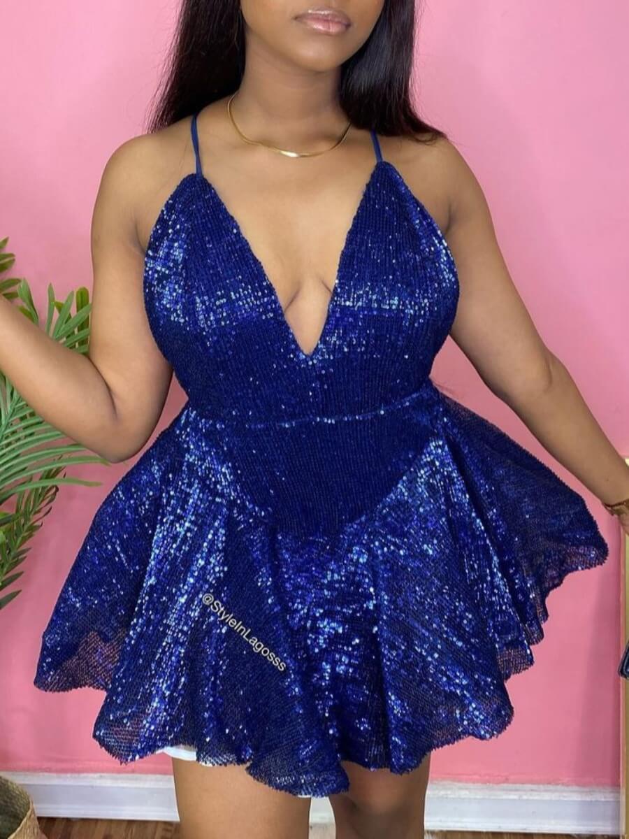 

Lovely Sexy Spaghetti Strap Fold Design Blue Mini Dress