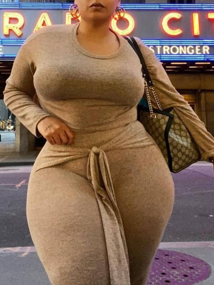 

Lovely Casual O Neck Lace-up Khaki Plus Size Two-piece Pants Set